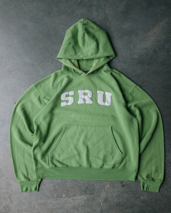1990s Champion SRU Sun Faded Green Hooded Sweatshirt - Size: Large