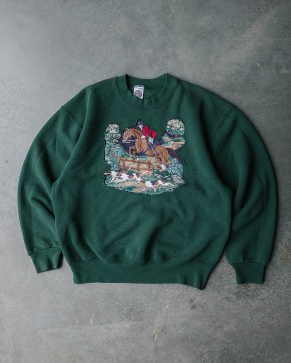 1980s Graceful Horse Jump Forest Green Sweatshirt - Size: Large
