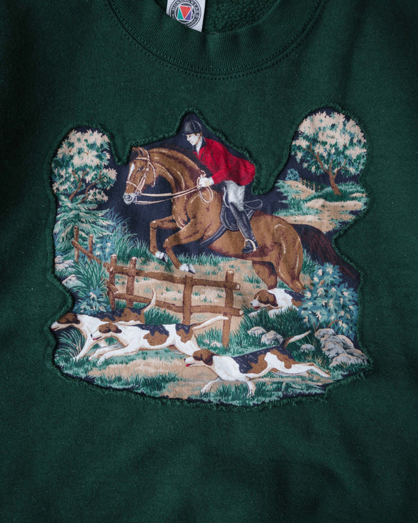 1980s Graceful Horse Jump Forest Green Sweatshirt - Size: Large