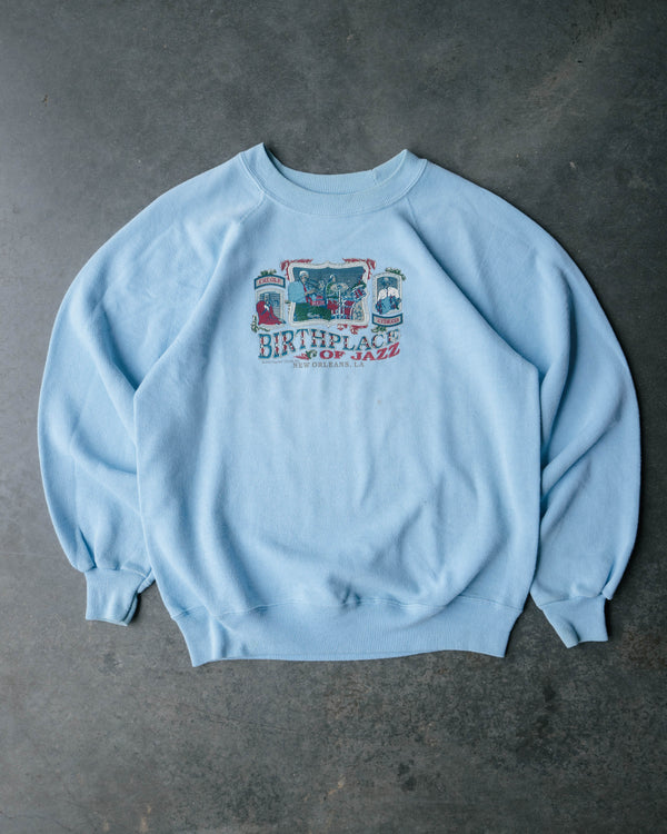 1990s Birthplace of Jazz New Orleans Baby Blue Sweatshirt - Size: Medium